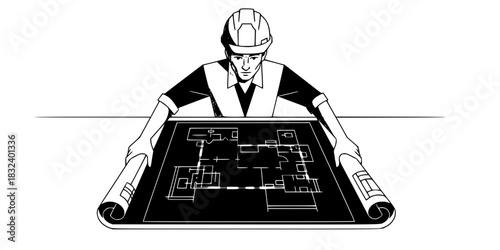 Architect or construction foreman looking at blueprints black and white vector illustration