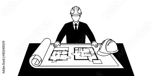 Architect or construction foreman looking at blueprints black and white vector illustration