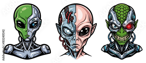 Alien Cyborg Head Mascot Set. Vector Collection of Sci-fi Monster and Robot Characters.