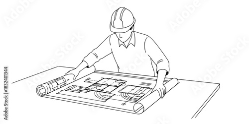 Architect or construction foreman looking at blueprints black and white vector illustration