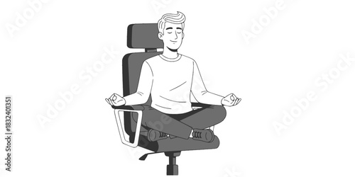 Office worker man meditating in chair for mental health and stress relief vector illustration