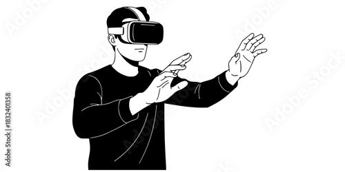 Man wearing VR headset for virtual reality work training black and white vector illustration
