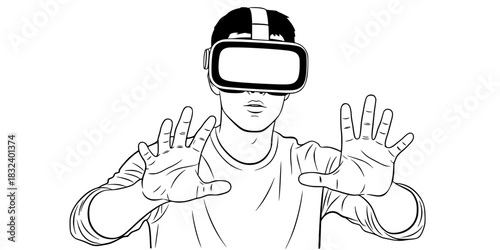 Man wearing VR headset for virtual reality work training black and white vector illustration
