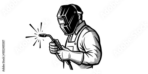 Industrial welder worker with mask and torch manufacturing concept black and white vector icon