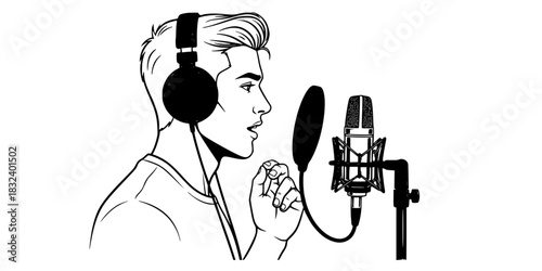 Podcaster man speaking into microphone audio content creator vector illustration