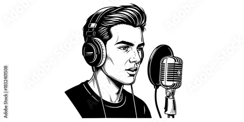 Podcaster man speaking into microphone audio content creator vector illustration