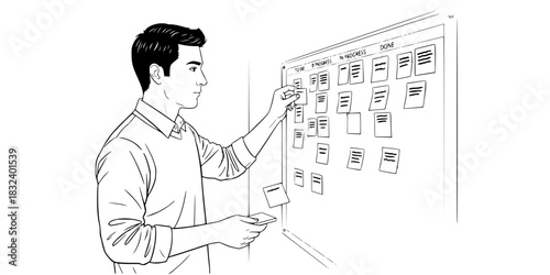 Project manager man placing sticky note on agile scrum board vector illustration