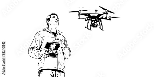 Man operating drone with remote controller technology vector icon