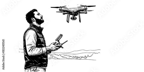 Man operating drone with remote controller technology vector icon