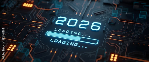 Loading bar with 2026 glowing neon style on a futuristic circuit board symbolizing technology and progress