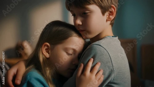 A caring young brother gives a warm, protective hug to his little sister, their close embrace showing deep sibling love and connection