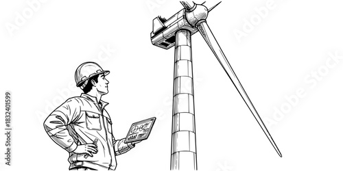 Wind energy technician engineer with tablet renewable power vector illustration
