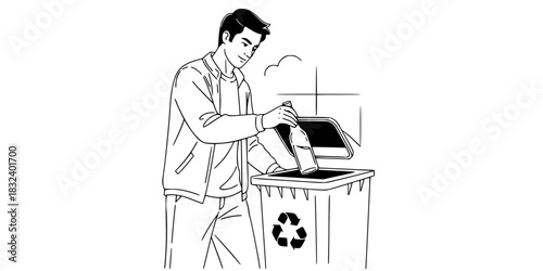 Man putting waste in recycling bin eco friendly concept vector illustration