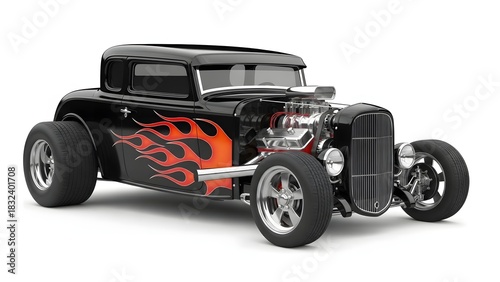 Black Hot Rod Car with Flames 3D Render Isolated on White Background