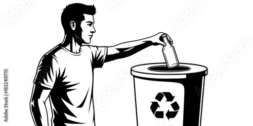 Man putting waste in recycling bin eco friendly concept vector illustration
