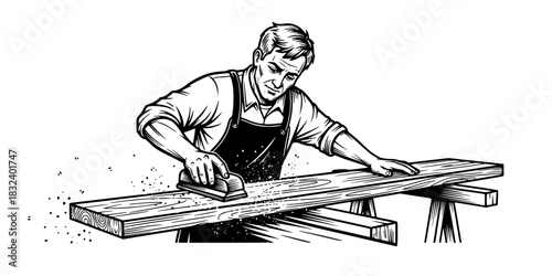 Carpenter man sanding wood plank craftsmanship vector icon