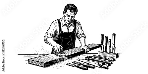Carpenter man sanding wood plank craftsmanship vector icon