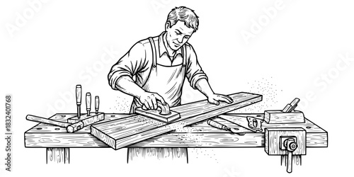 Carpenter man sanding wood plank craftsmanship vector icon
