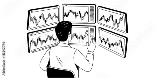 Stock market trader man looking at financial graphs vector illustration