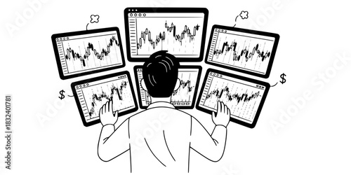 Stock market trader man looking at financial graphs vector illustration