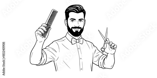 Barber man holding scissors and comb hair styling vector icon