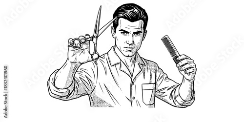 Barber man holding scissors and comb hair styling vector icon