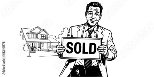 Real estate agent man holding house keys property sales vector icon