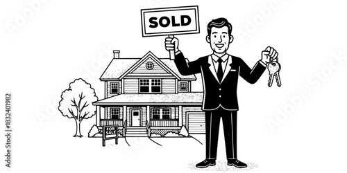 Real estate agent man holding house keys property sales vector icon