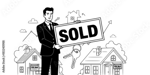 Real estate agent man holding house keys property sales vector icon