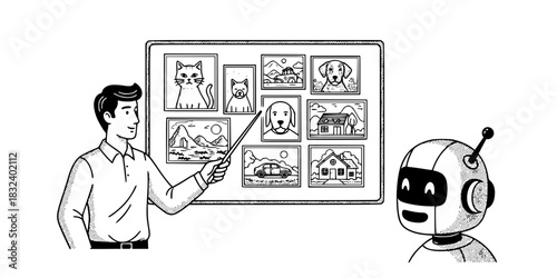 Artificial intelligence trainer man teaching machine learning model vector icon