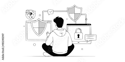 Cybersecurity analyst man protecting network data with shield icons vector icon