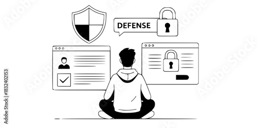 Cybersecurity analyst man protecting network data with shield icons vector icon