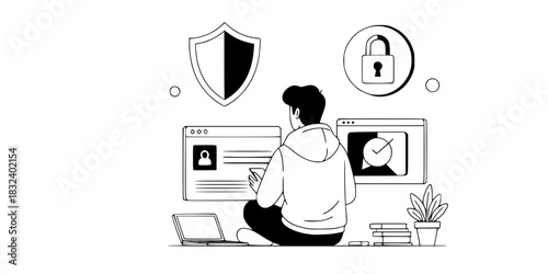 Cybersecurity analyst man protecting network data with shield icons vector icon