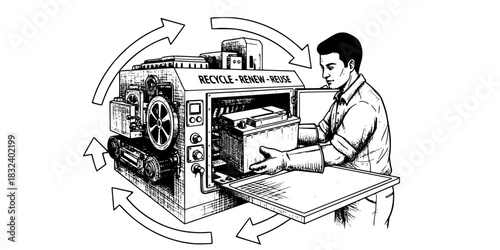 Recycling worker man processing electric vehicle battery sustainable concept vector icon