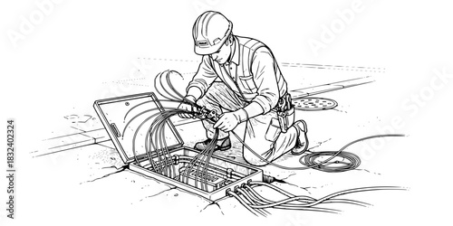 Fiber optic technician man splicing high speed internet cables vector icon