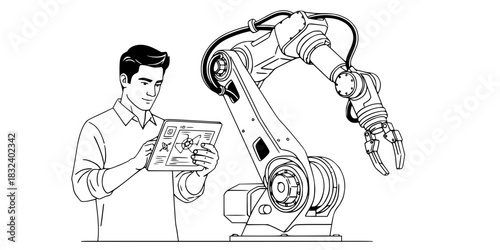 Robotics engineer man testing industrial automation robot arm vector icon