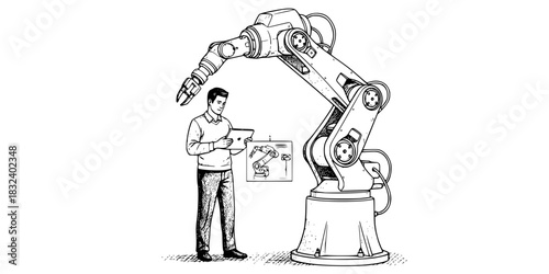Robotics engineer man testing industrial automation robot arm vector icon