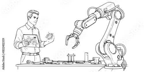 Robotics engineer man testing industrial automation robot arm vector icon