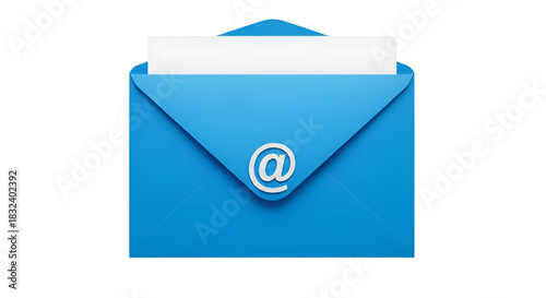 Blue email envelope icon with at symbol isolated on a white background.