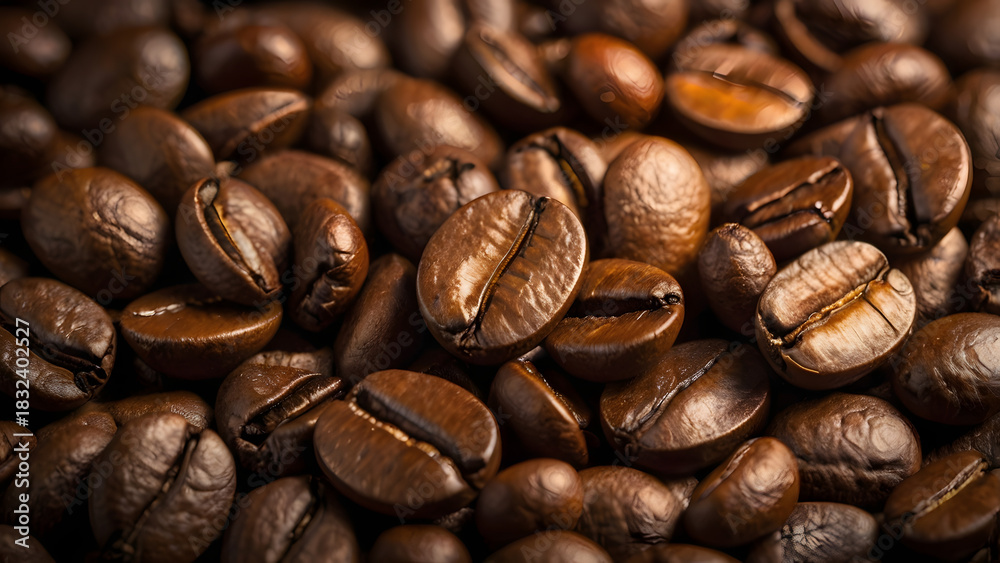 Naklejka premium Close-up shot of roasted coffee beans showing texture and rich brown tones for beverage