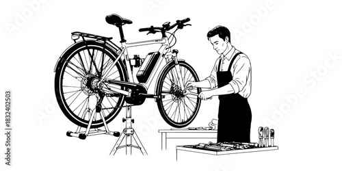 Electric bicycle mechanic man repairing e-bike in workshop vector icon