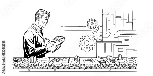 Quality control inspector man checking products on factory conveyor belt vector icon
