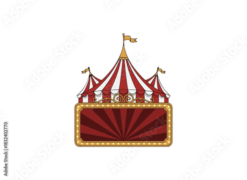 Pixel Art Illustration of a Red and White Striped Circus Tent with Marquee Sign and Flags on a Black Background