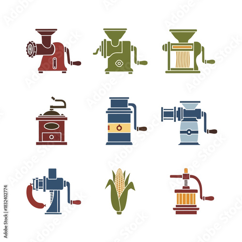 Collection of various kitchen food processing machines and tools.