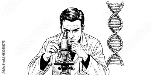 Geneticist man researching DNA in laboratory with microscope vector icon