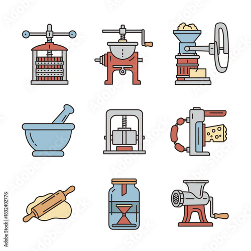 Collection of Vintage Kitchen Tools and Food Processing Equipment.