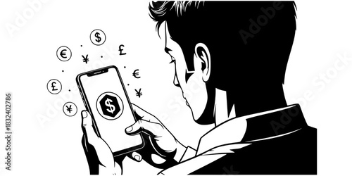 Fintech specialist man with smartphone displaying blockchain finance vector icon