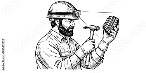 Geologist man in hard hat examining rock sample with hammer vector icon