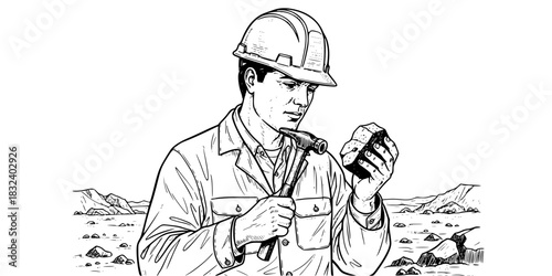 Geologist man in hard hat examining rock sample with hammer vector icon