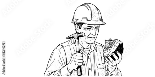 Geologist man in hard hat examining rock sample with hammer vector icon